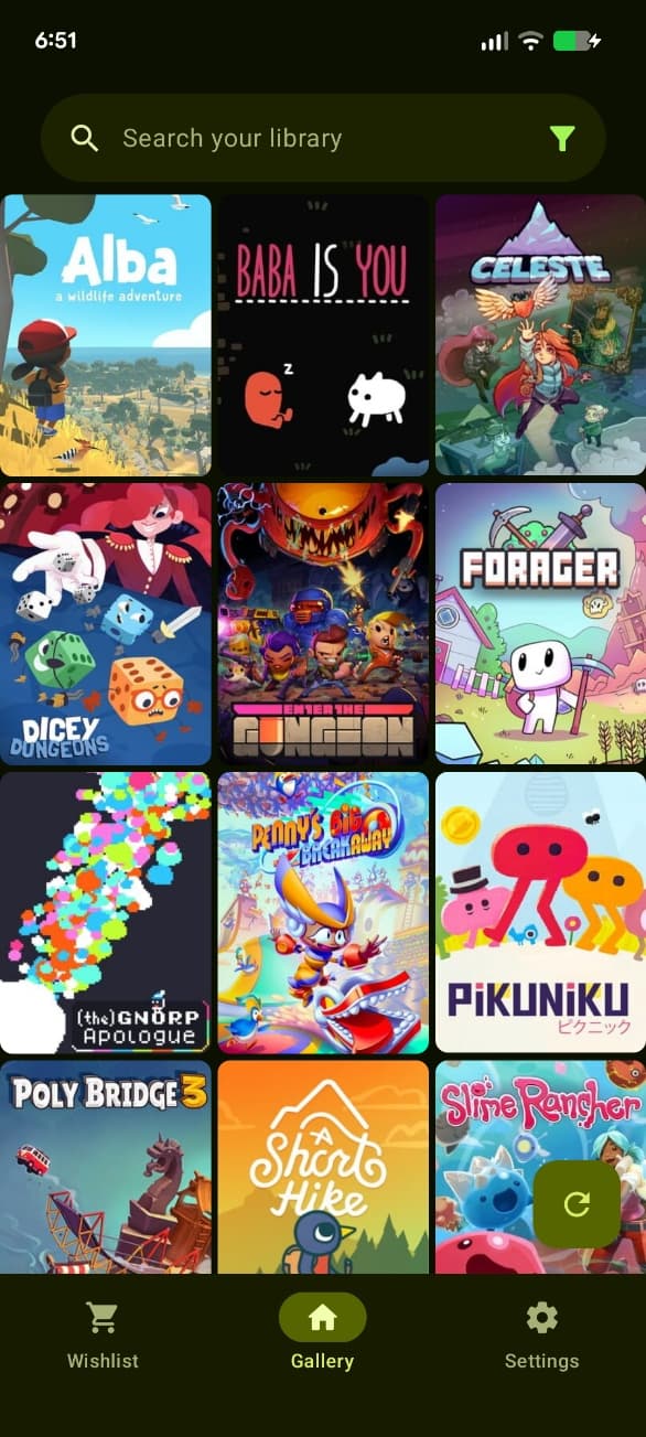 Collog gallery screen showing a list of games