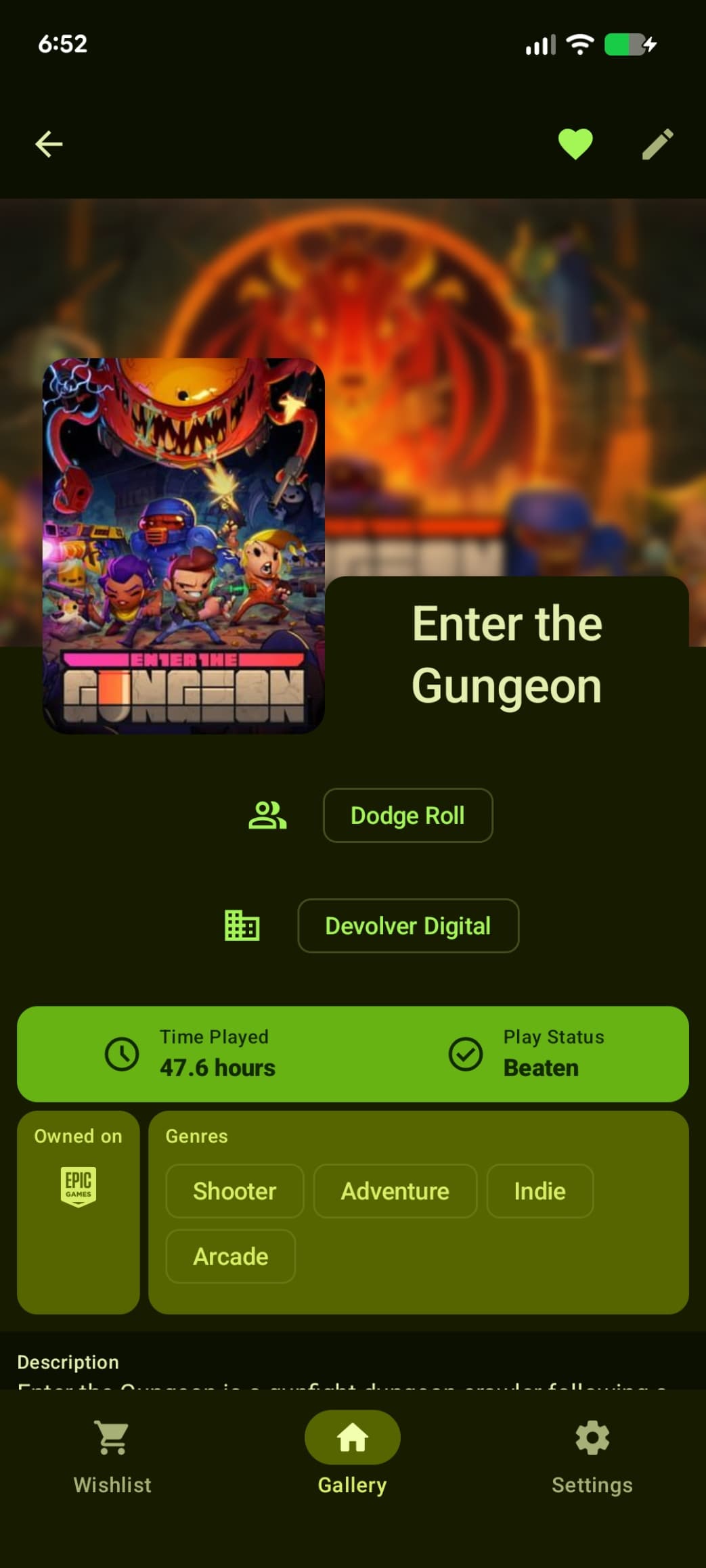Collog detail screen showing Enter the Gungeon
